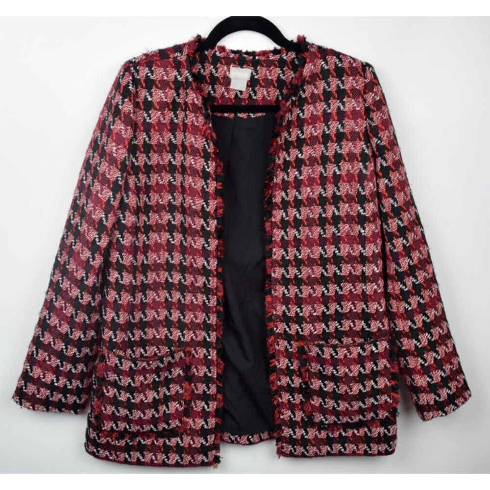 Chicos Tweed Blazer Jacket Red Black Open Face Cotton Fringe Womens Small $159